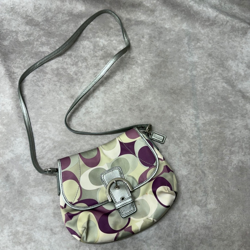 Coach Signature Optic Purple Green Satin Crossbody Bag Silver Trim 2622
